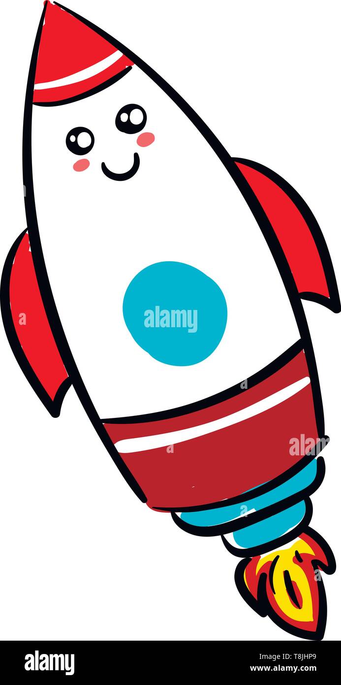 A red and white space ship that looks like it just took off because it has a fire tail. It has red fins, vector, color drawing or illustration. Stock Vector