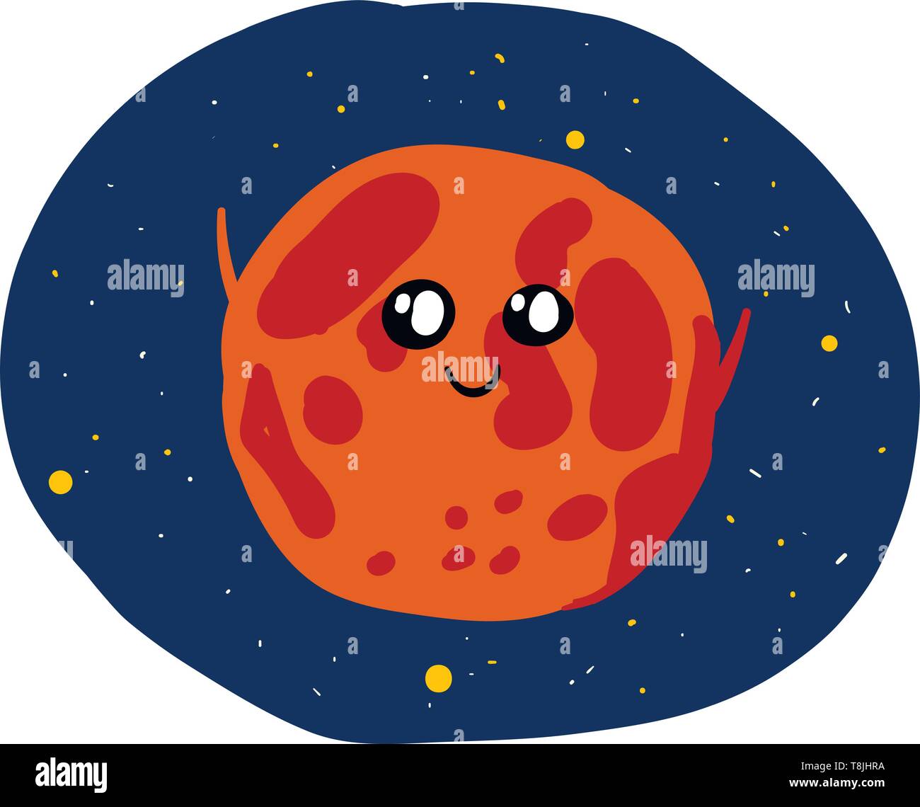 Red and orange mars with face on a dark blue with stars background., vector, color drawing or illustration. Stock Vector