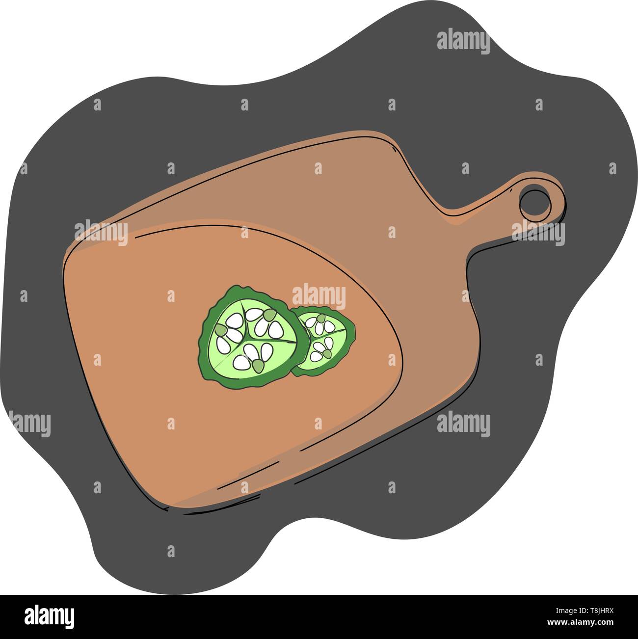 Brown wooden cutting board with slices of cucumber on top on a gray background, vector, color drawing or illustration. Stock Vector