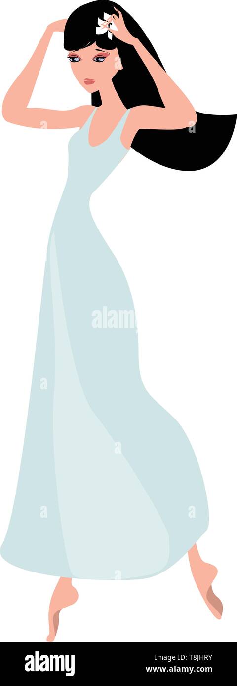 A woman dancer with long black hair with floral accent wearing a blue dress with her arms raised as she dance, vector, color drawing or illustration Stock Vector Image & Art - A woman dancer with long black hair with floral accent wearing a blue dress with her arms raised as she dance, vector, color drawing or illustration Stock Vector Image & Art -