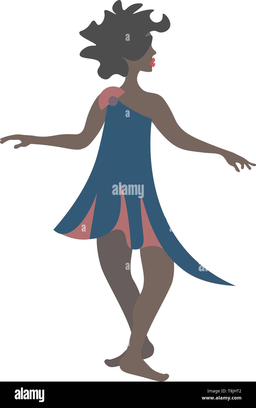 A dark ethnic girl dancing and bending her legs wearing blue dress., vector, color drawing or illustration. Stock Vector