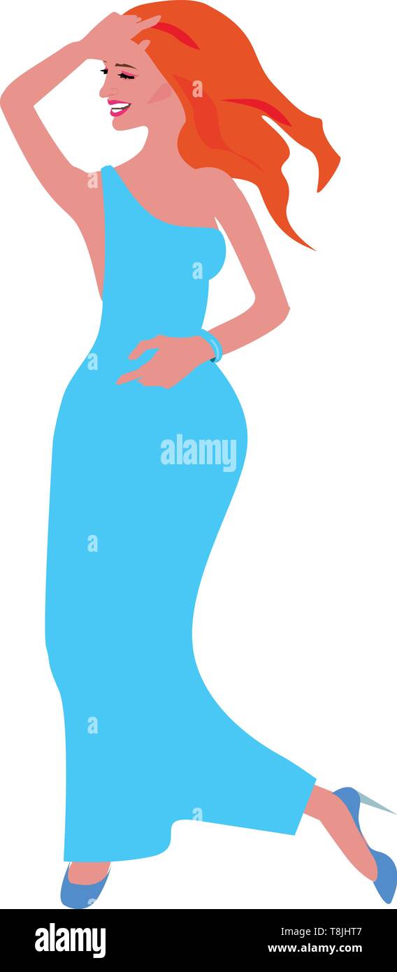 A dancing woman who looks like she is having so much fun wearing blue dress and blue shoes., vector, color drawing or illustration. Stock Vector