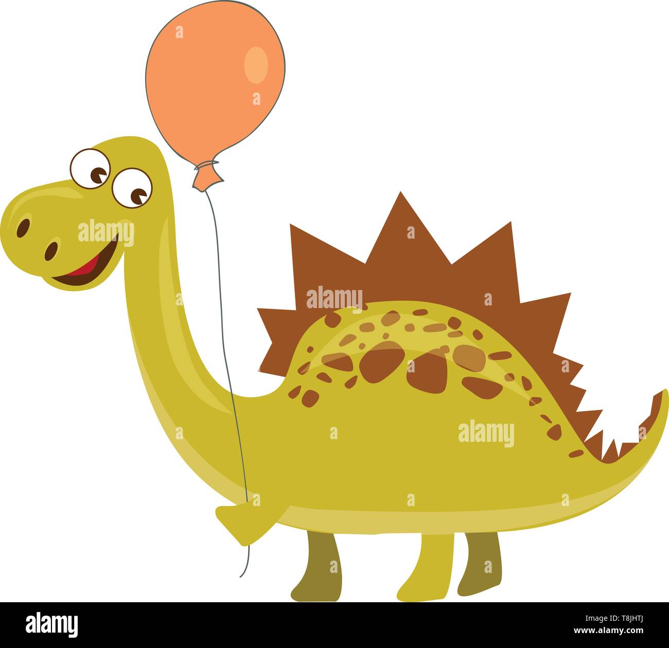Yellow spinosaurus with brown spikes holing an orange balloon., vector, color drawing or illustration. Stock Vector