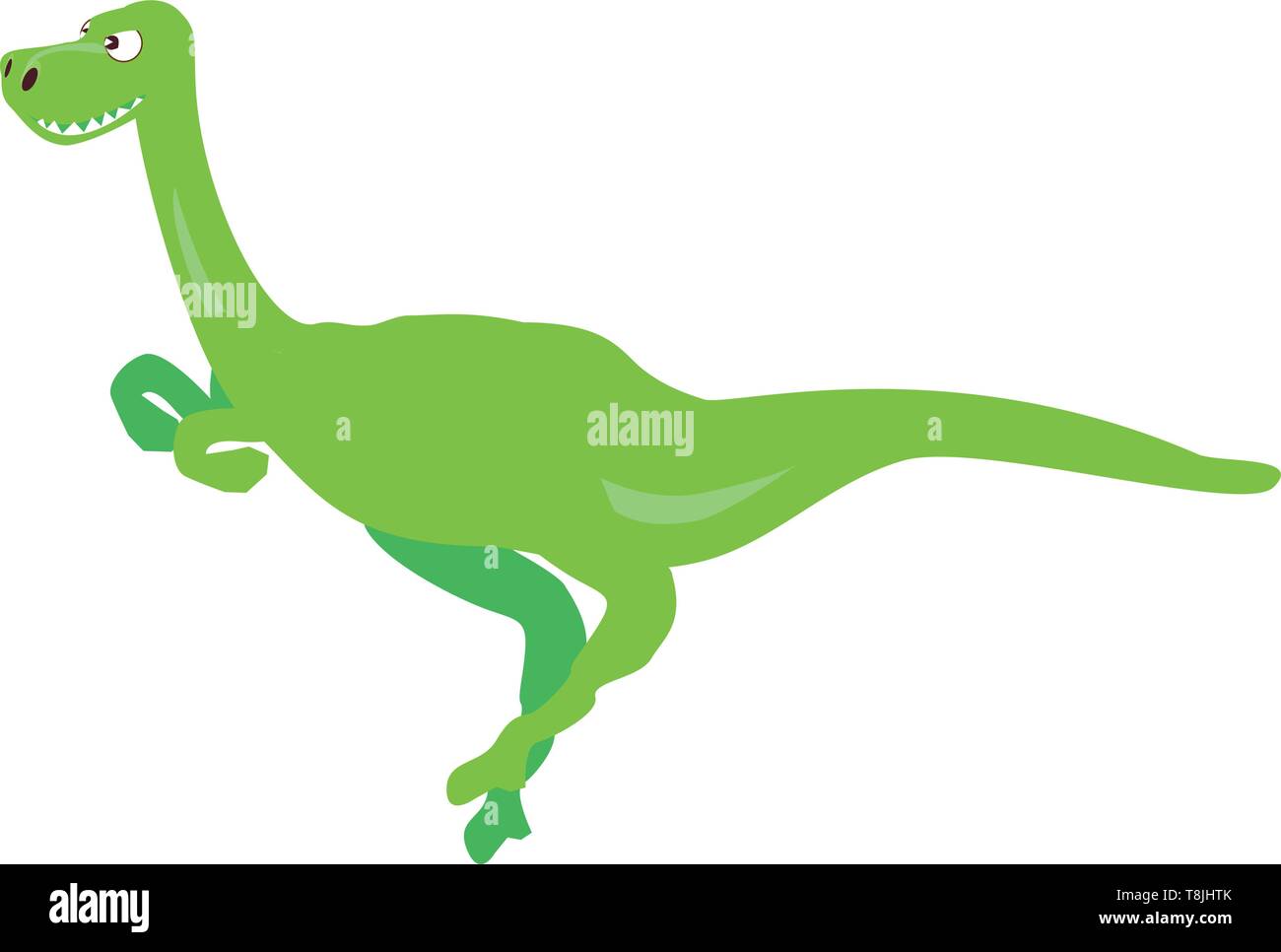Green diplodocus dinosaur with long tail, teeth showing and eyes looks angry., vector, color drawing or illustration. Stock Vector