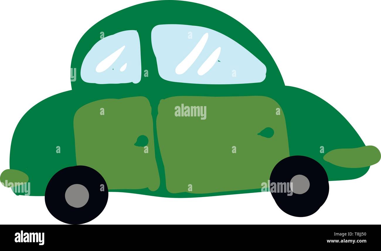A green car with black wheels, with bumpers, vector, color drawing or illustration. Stock Vector