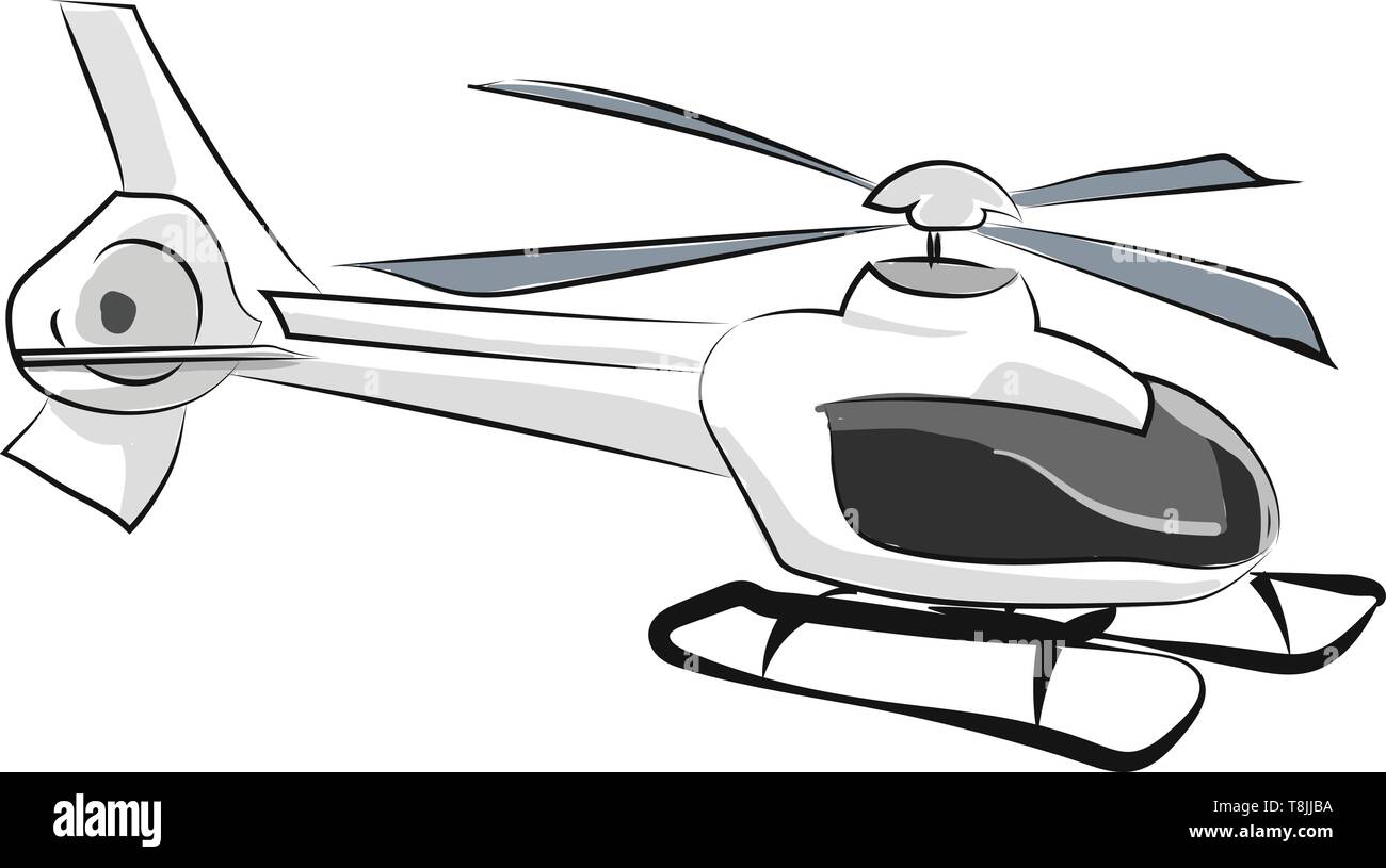 A gray nonmoving helicopter, with propeller, vector, color drawing or