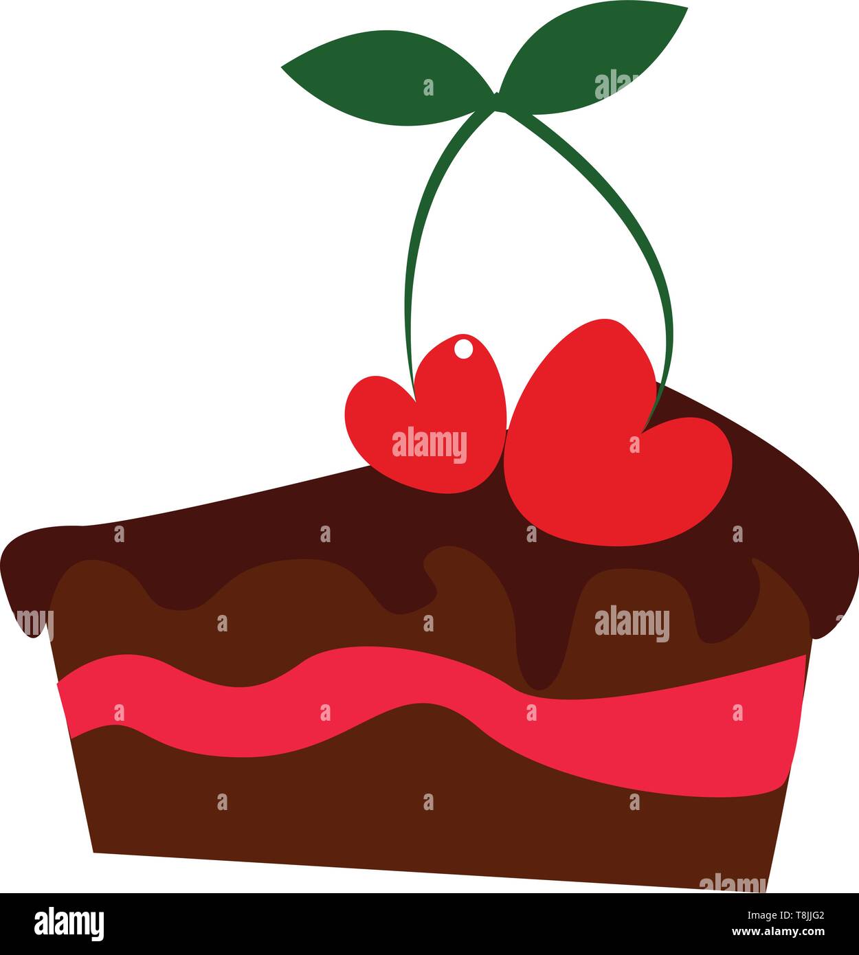 A slice of chocolatecherry cake with two cherries on top, vector