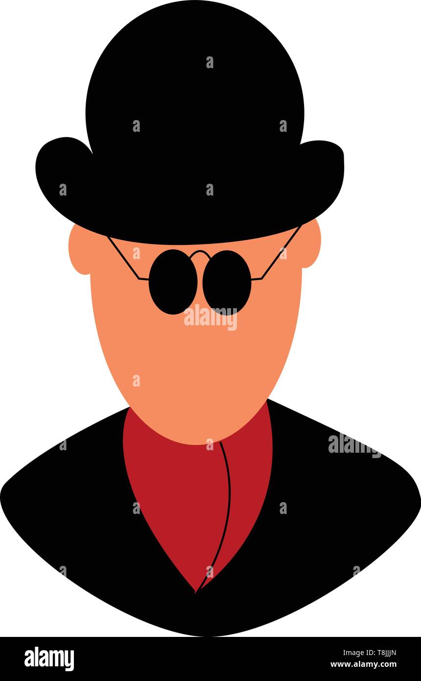 A man wearing black round glasses and a black hat with a red scarf, vector, color drawing or illustration. Stock Vector