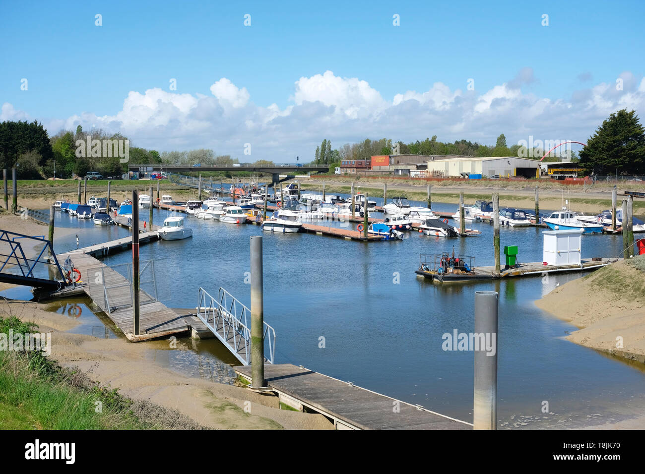 Littlehampton, West Sussex, UK. View of Littlehampton Marina looking towards the A259 bridge across the River Arun Stock Photo
