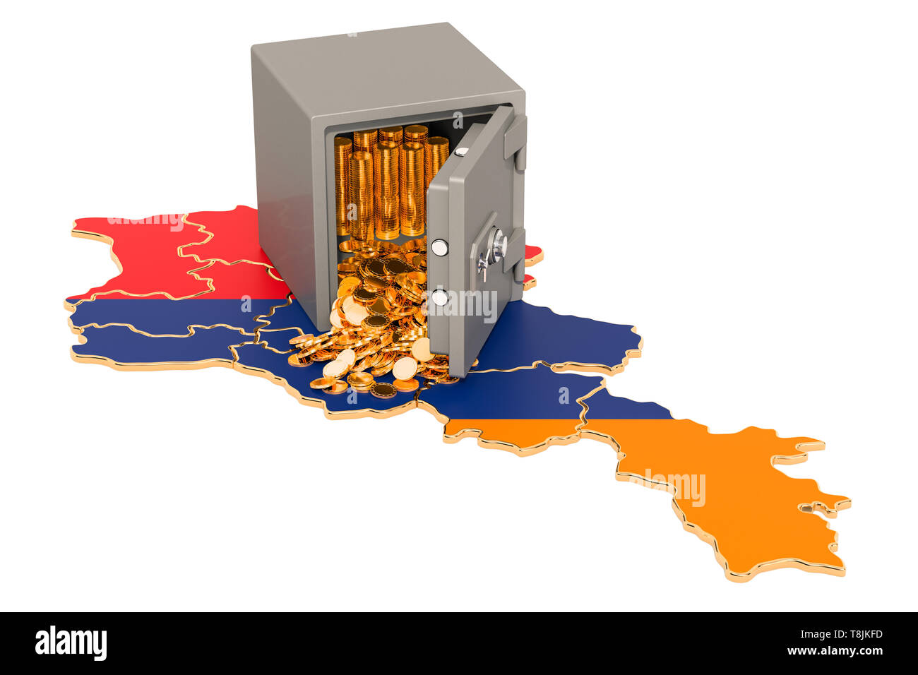 Safe box with golden coins on the map of Armenia, 3D rendering isolated on white background Stock Photo