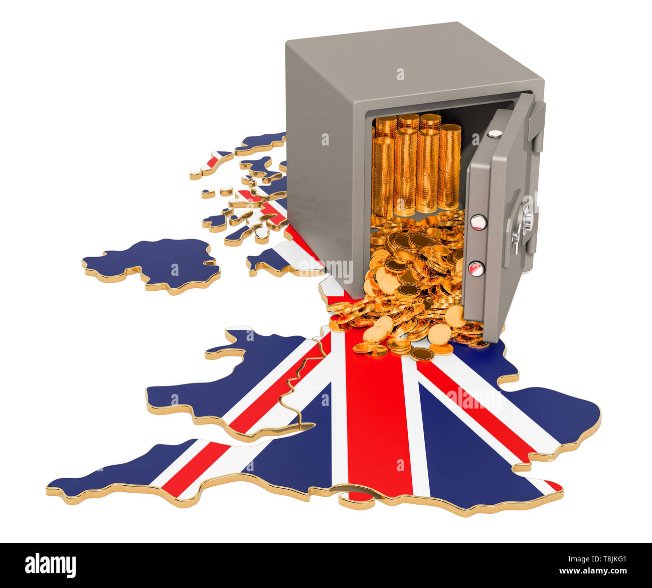 Safe box with golden coins on the map of the United Kingdom, 3D ...