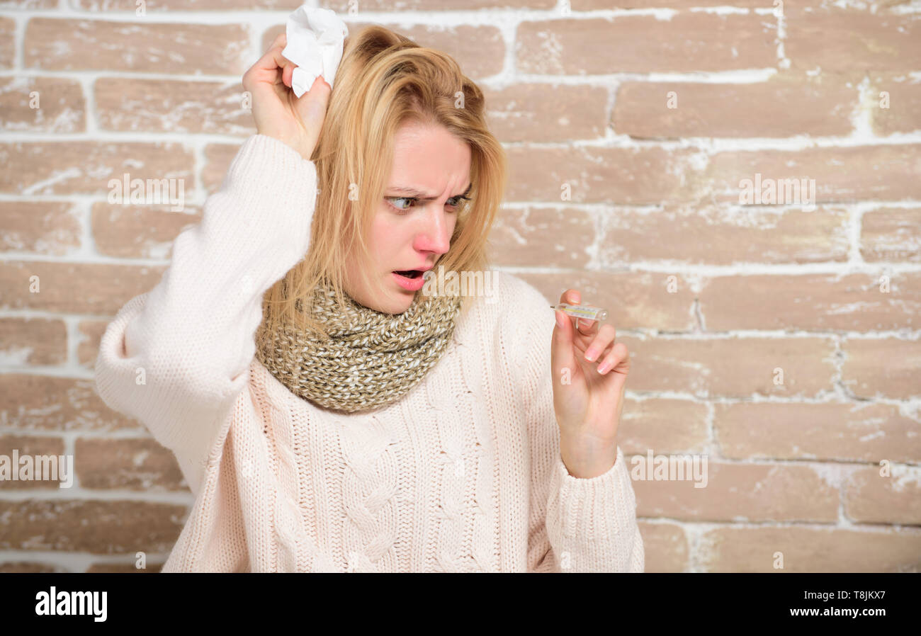 Running fever. unwell with cold or flu. Cute ill girl