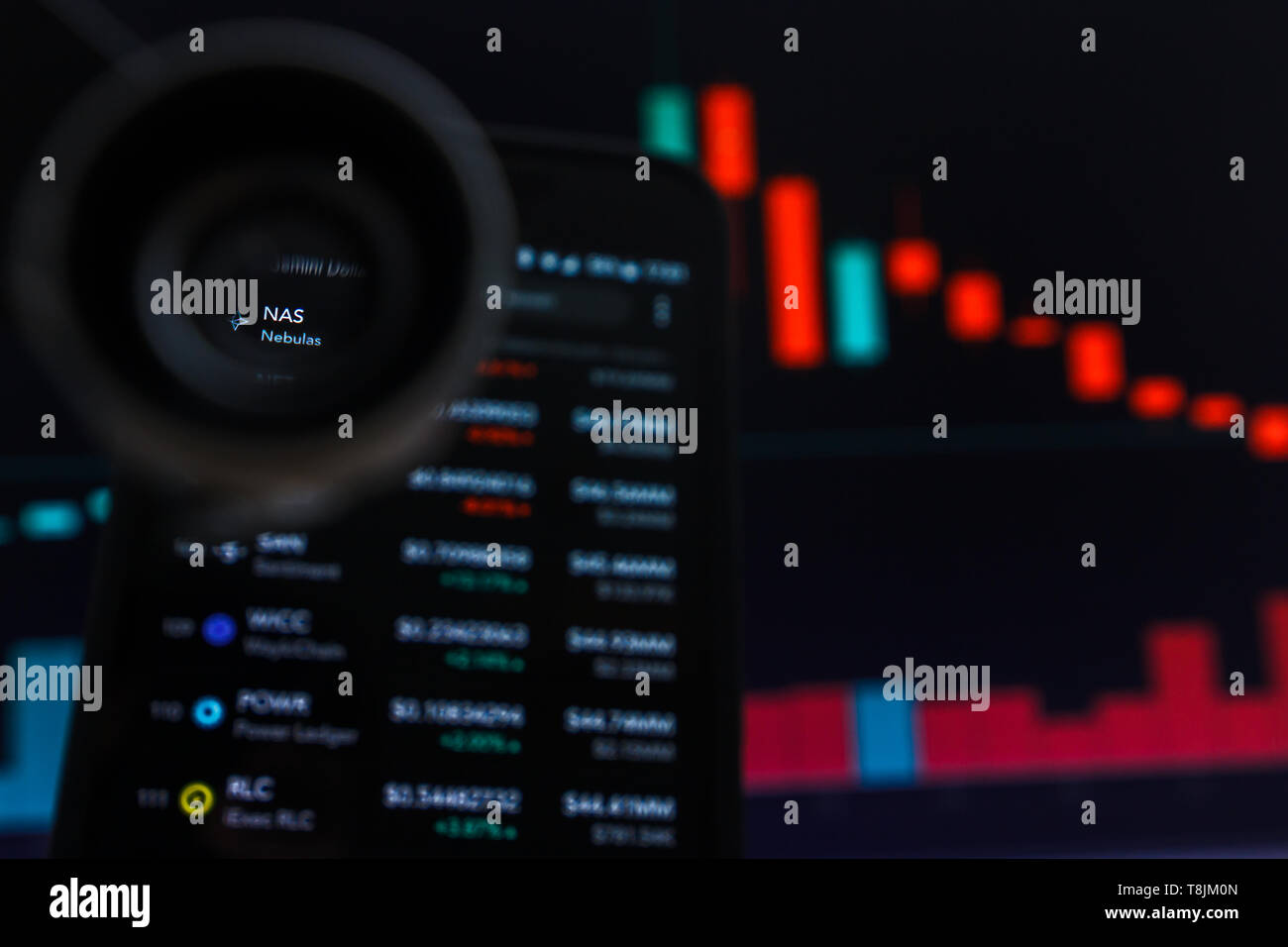 SAN FRANCISCO, US - 9 May 2019: A Graph of Decreasing Trend of NAS Nebulas Cryptocurrency. The Illustration of Red Candles Bar Falling Down Trend, San Stock Photo