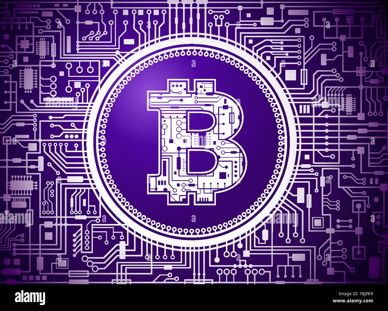 Bitcoin digital currency symbol vector violet background Stock Vector