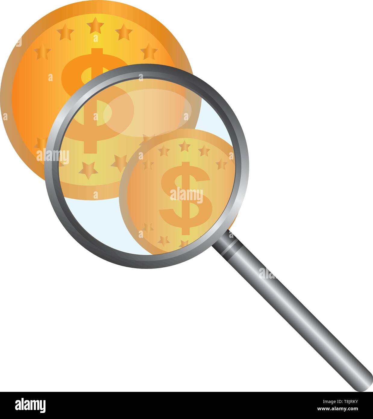 magnifying glass with coins isolated over white background vecto Stock ...