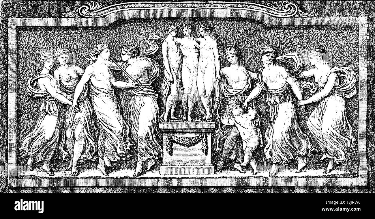 Literature and arts allegory with the Greek muses, typographical element by Salomon Gessner 18th century Stock Photo