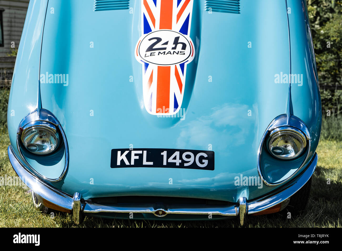 Jaguar E-type Series 2, light blue,1968/1969 year, UK Stock Photo