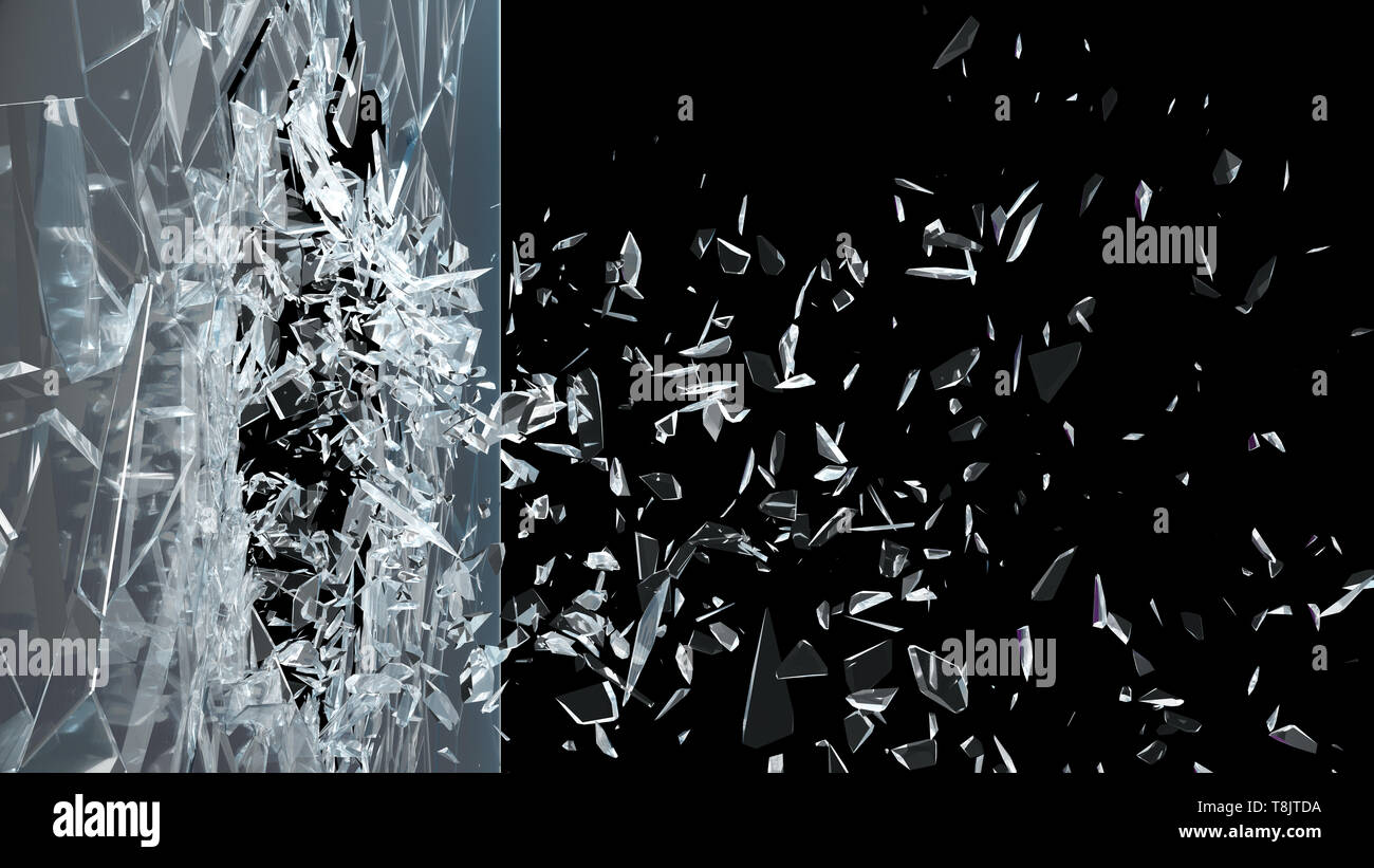 Abstract broken glass into pieces. Wall of glass shatters into small