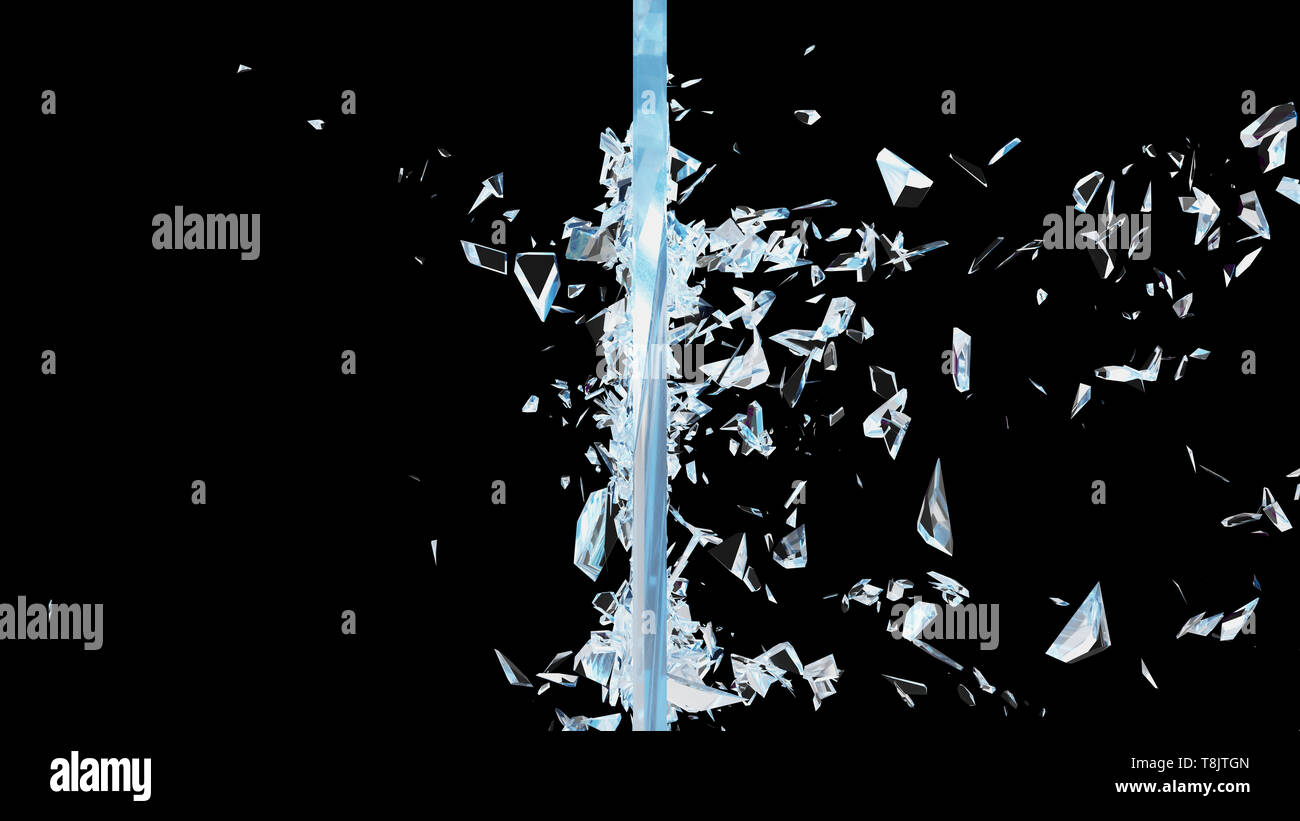 Abstract broken glass into pieces. Wall of glass shatters into small