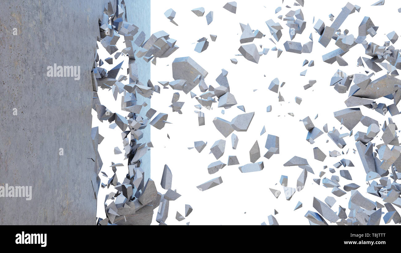 Concrete Exploding Concrete wall shatters into thousands of small pieces. Cracked earth ...