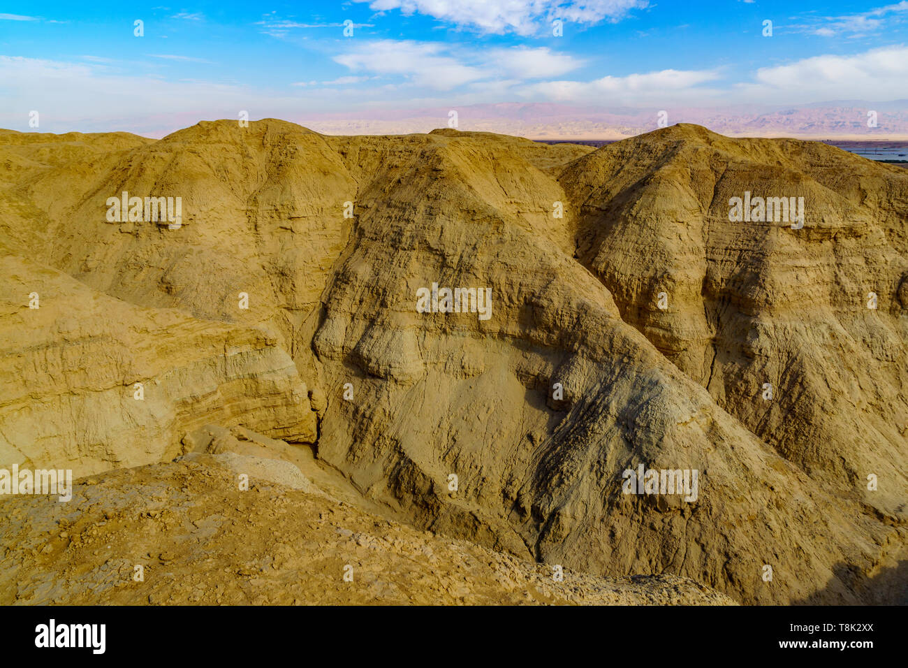 Landscape of lissan marl rocks and the Edom mountains, along the Arava Peace Road, Southern Israel Stock Photo