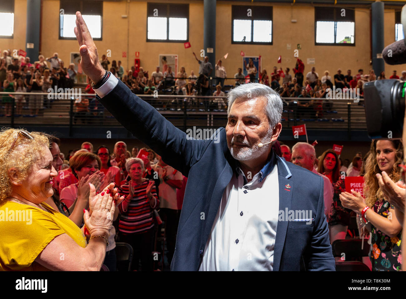 Adeje, Tenerife, Canary Islands. 12  May 2019 Jose Miguel Fraga, mayor, at the local PSOE Socialist party presents their candidates for the local elections at the sports pavillion, Pabellón de Las Torres. Elections will take place on 26th May across Spain. Stock Photo