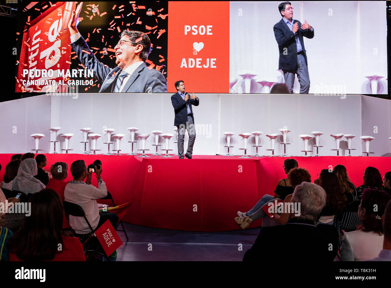 Adeje, Tenerife, Canary Islands. 12  May 2019 Pedro Martin, candidate for the island presidency, at the local PSOE Socialist party presents their candidates for the local elections at the sports pavillion, Pabellón de Las Torres. Elections will take place on 26th May across Spain. Stock Photo