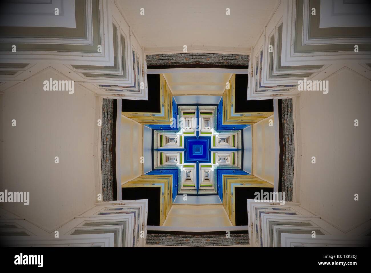 Southwold, Suffolk - June 2018: Abstract, creative kaleidoscope image based on seafront beach huts. Stock Photo