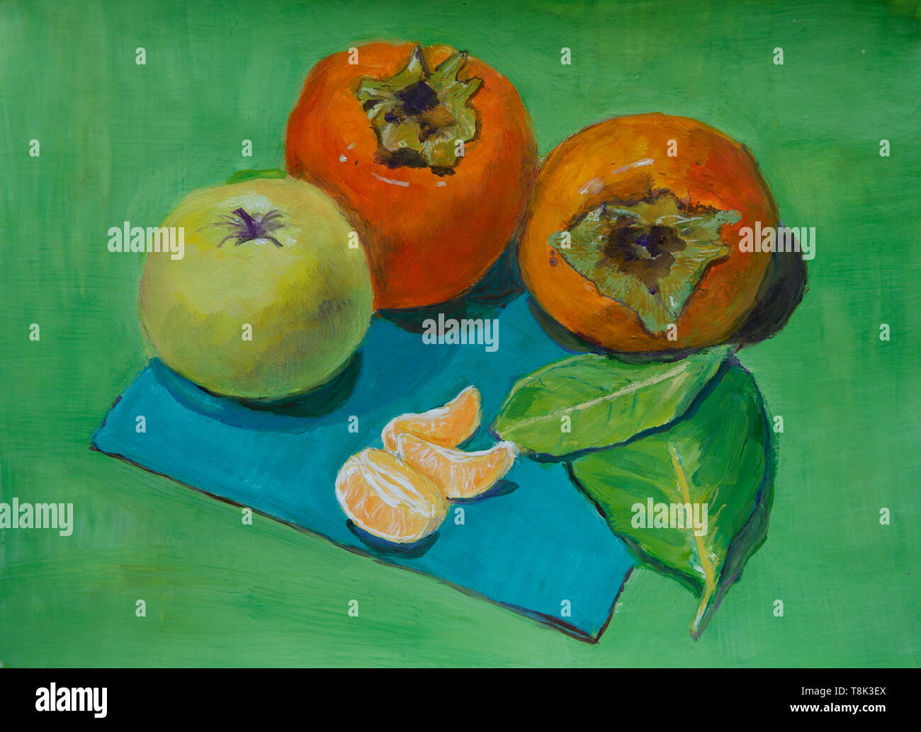 Still life gouache painting with persimmons, apple, mandarin, lemon tree leaves apples dateplum gouache tangerine Stock Photo