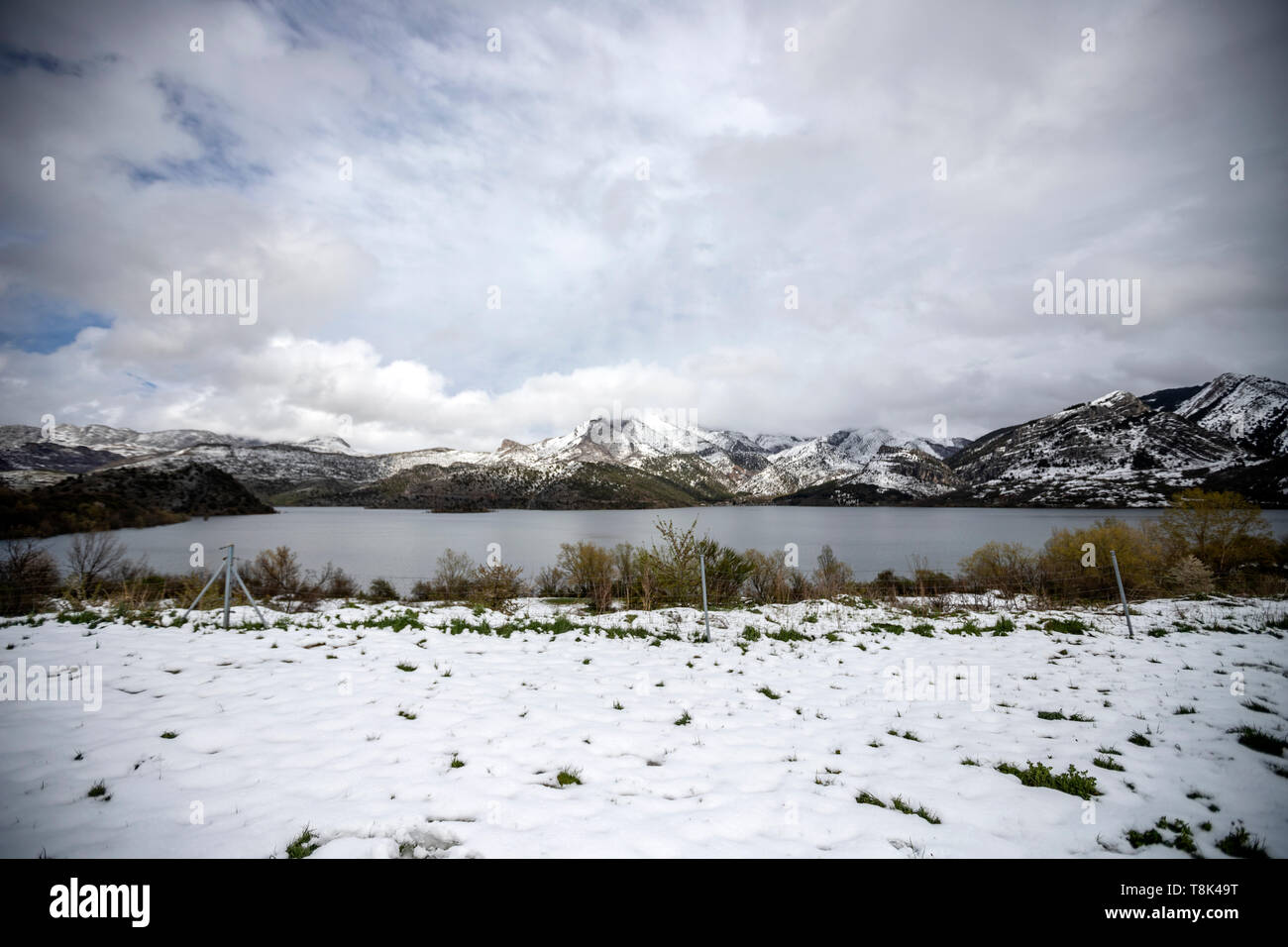Snow hills near a dam in Los Barrios de Luna from AP66, Leon, Castille