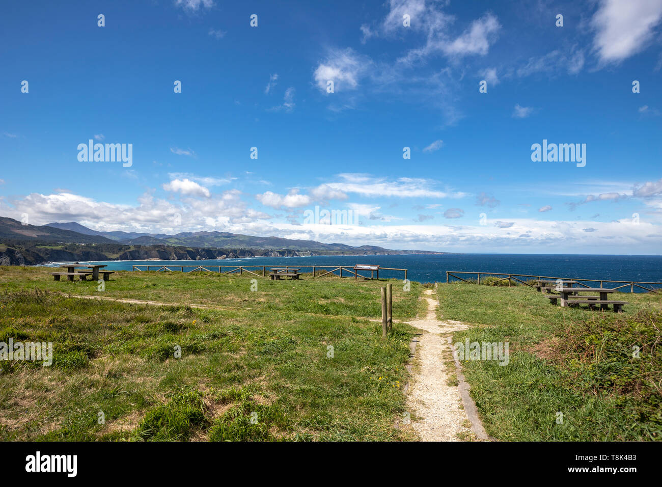 Picnic area and lookout in Playa de Bozo, Busto, Asturias, Spain Stock Photo