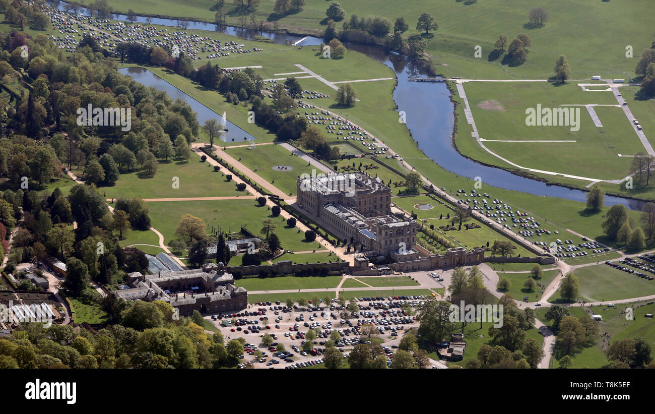 aerial view of Chatsworth House stately home in Derbyshire Stock Photo