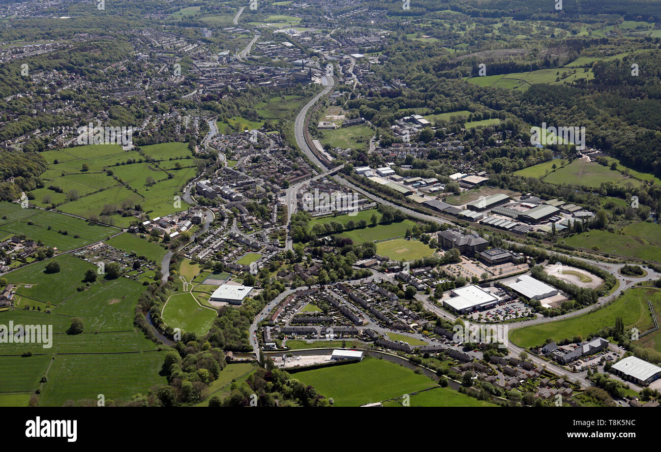 aerial view of Crossflatts looking SE down the A650 Airevalley Road towards Bingley, West Yorkshire, UK Stock Photo