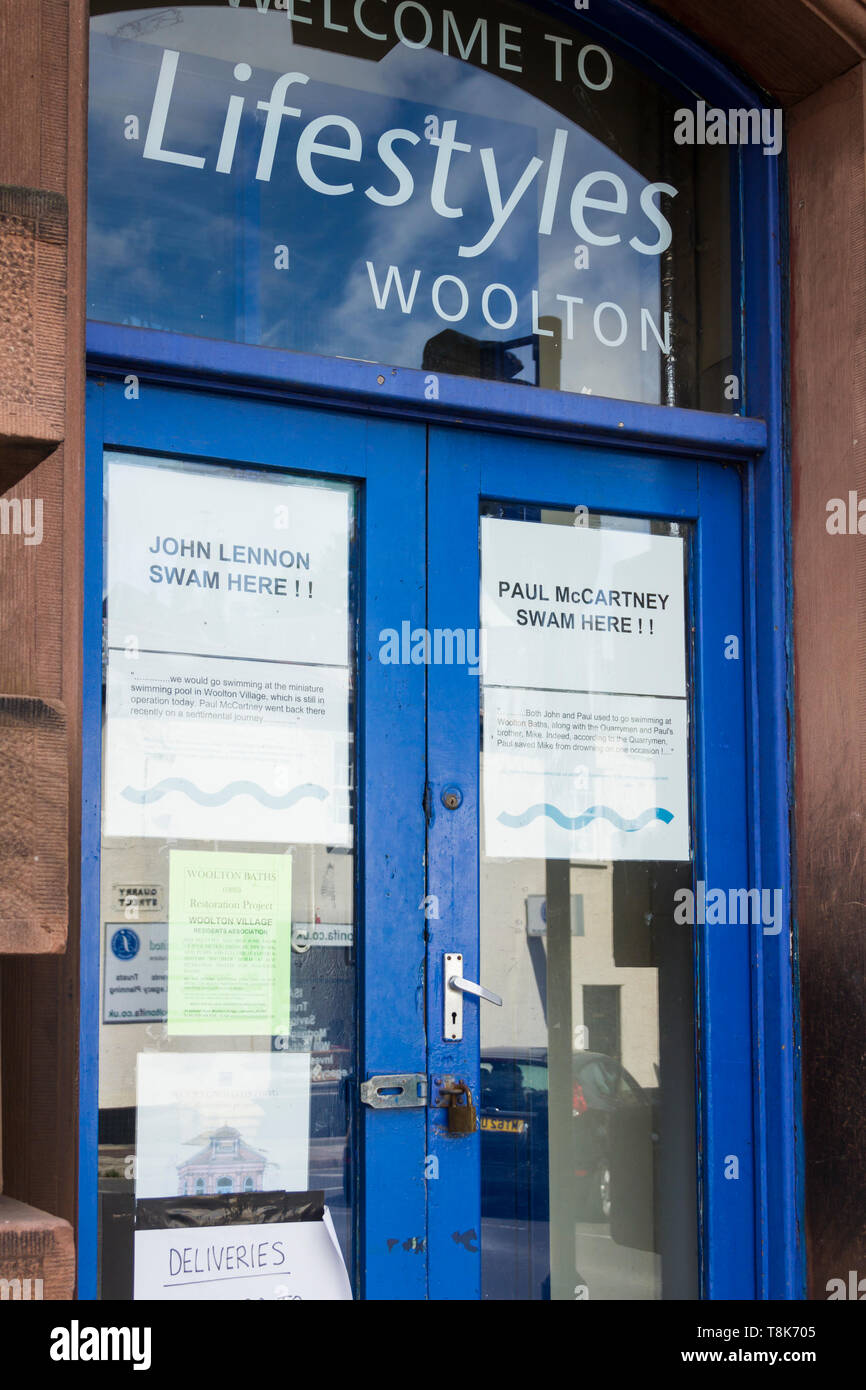 Entrance to Woolton Baths, Quarry Street South, Woolton Liverpool. The late Victorian swimming baths was built in 1893 and closed in 2010. Stock Photo