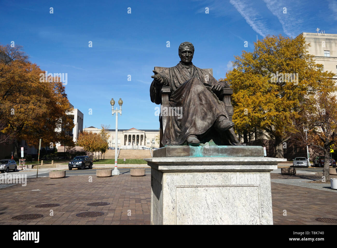 The statue of Chief Justice John Marshall by William Wetmore Story at John Marshall Park near Judiciary Square.Washington D.C.USA Stock Photo