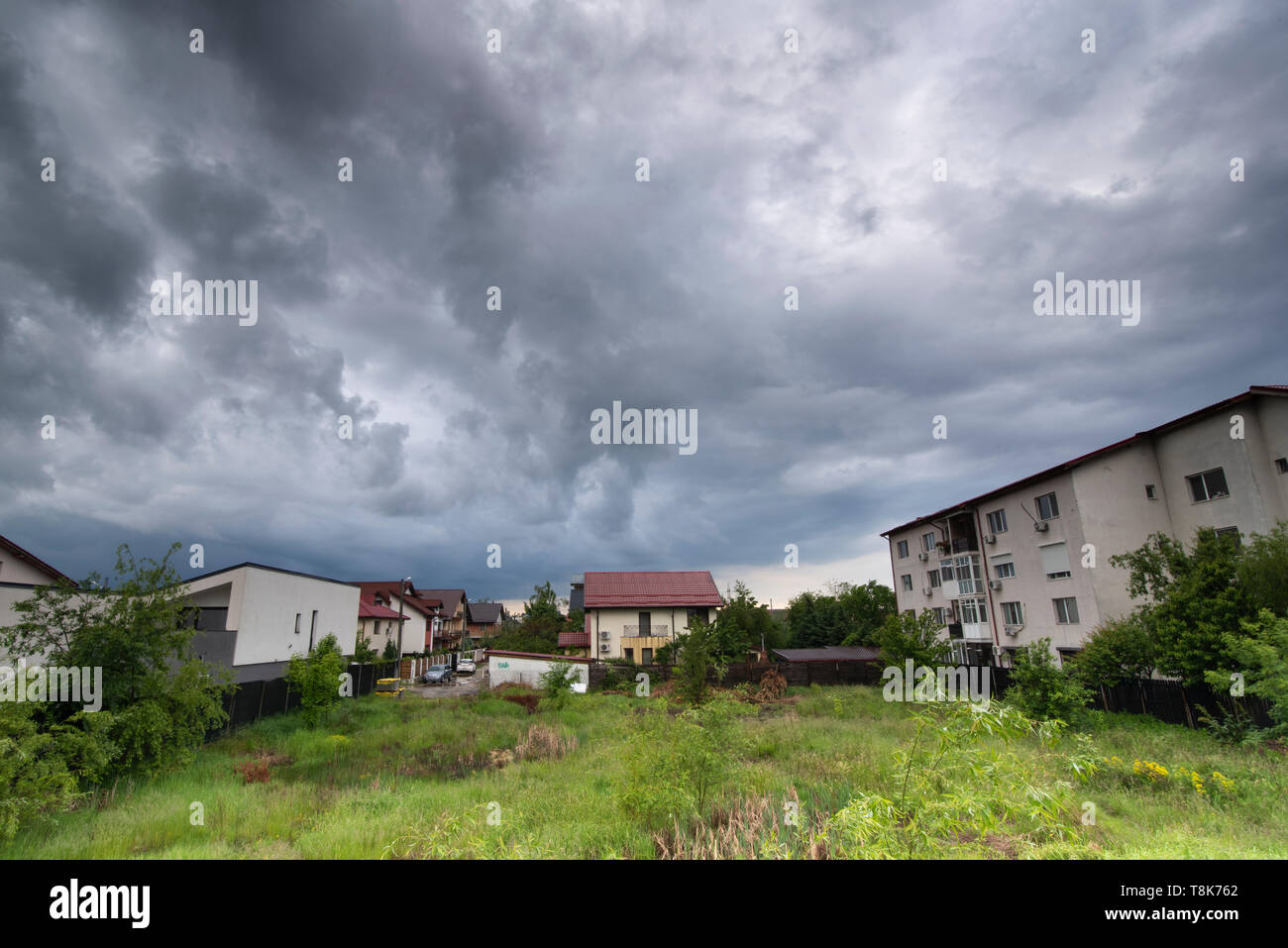Green grass and houses under dark sky with clouds before storm. Nature
