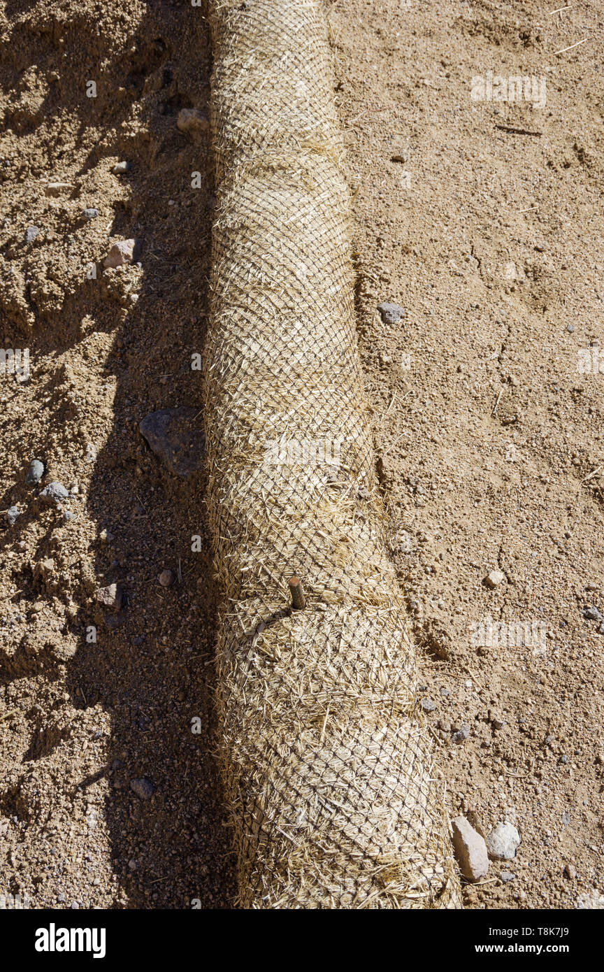 straw wattle staked to the ground for erosion control at a construction site Stock Photo
