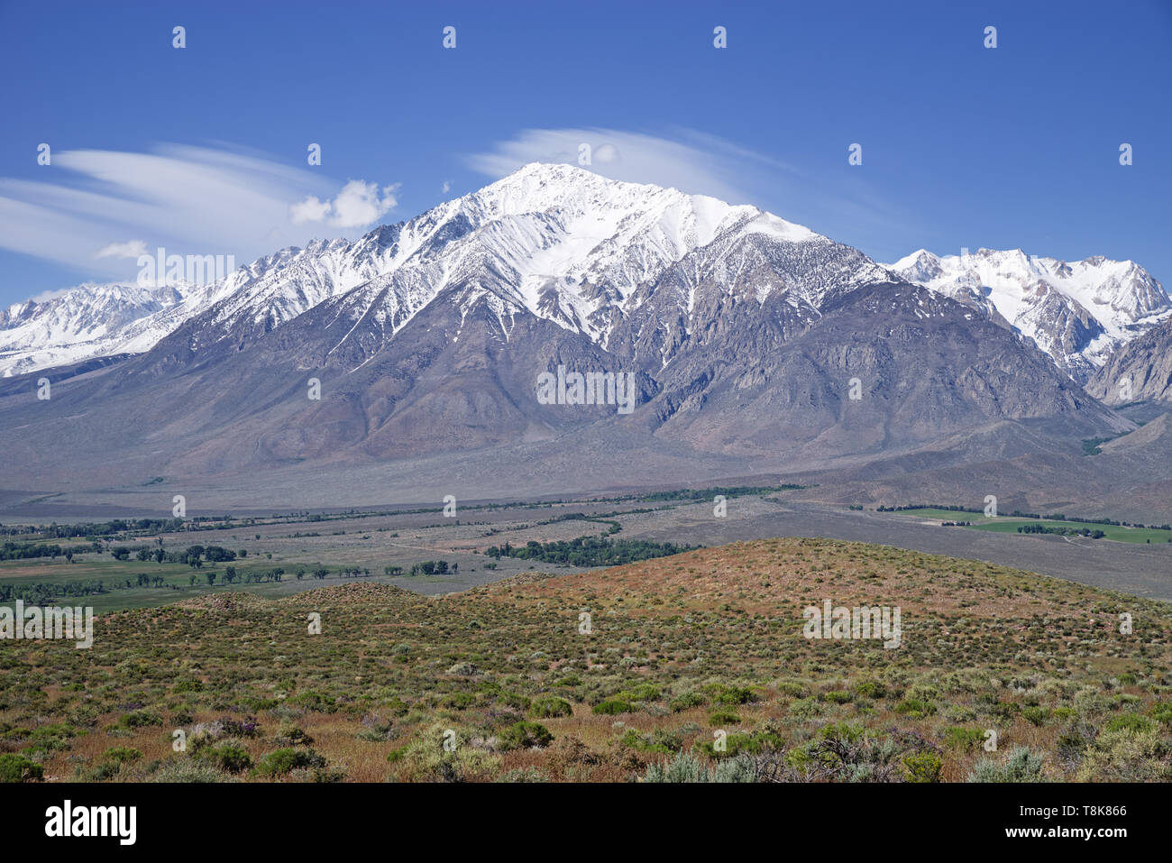 snow capped Mount Tom rises above Round Valley in the Owens Valley of California Stock Photo