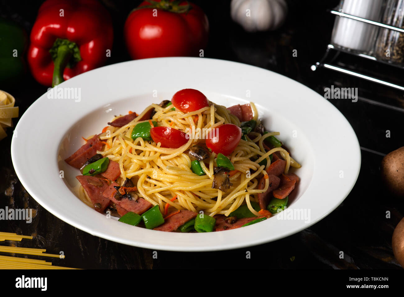 beef spaghetti aglio olio Stock Photo