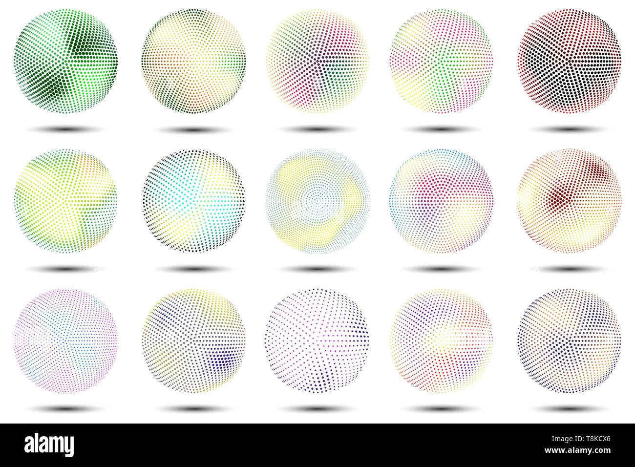 Vector set of colored 3d spheres.Halftone effect. Stock Vector