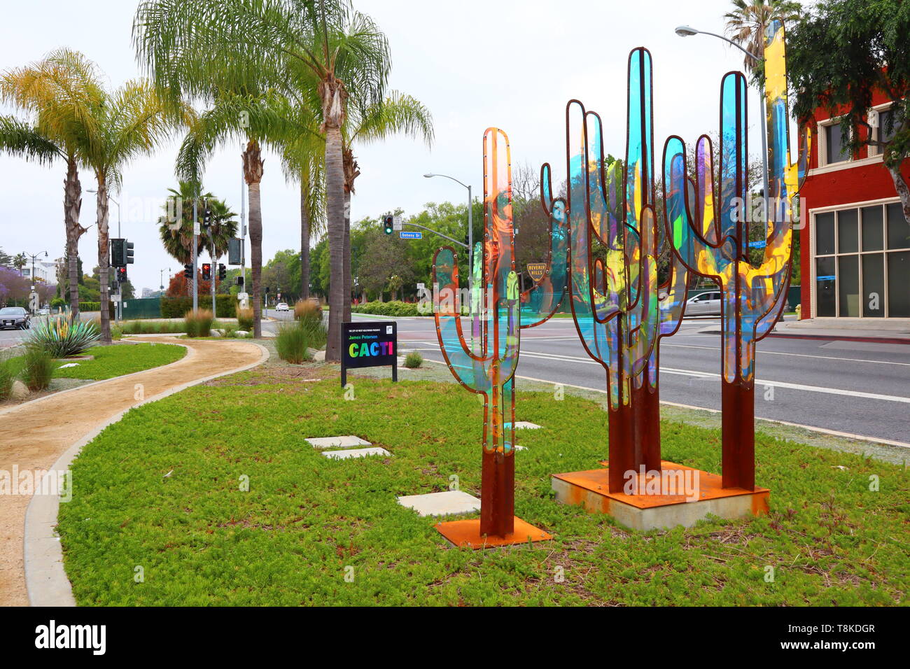 view of Public Art Sculpture CACTI by James Petersen at Santa Monica Blvd. and Doheny Drive, West Hollywood Stock Photo