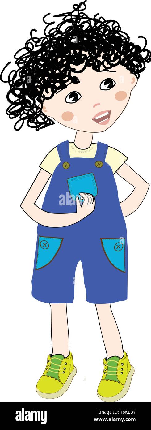 A teen boy in a blue and white colored body suit suspender trousers and green shoes with a messy hair trying to hide something, vector, color drawing  Stock Vector