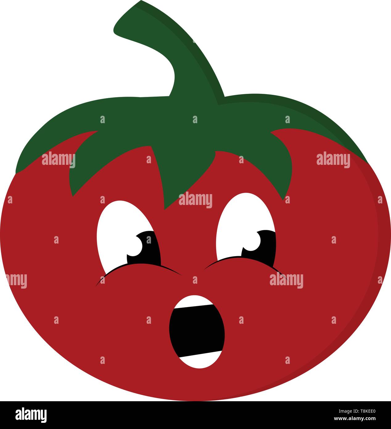 Emoji of a red tomato topped with a stout green stalk stare at someone to the left with the mouth agape while standing, vector, color drawing or illus Stock Vector