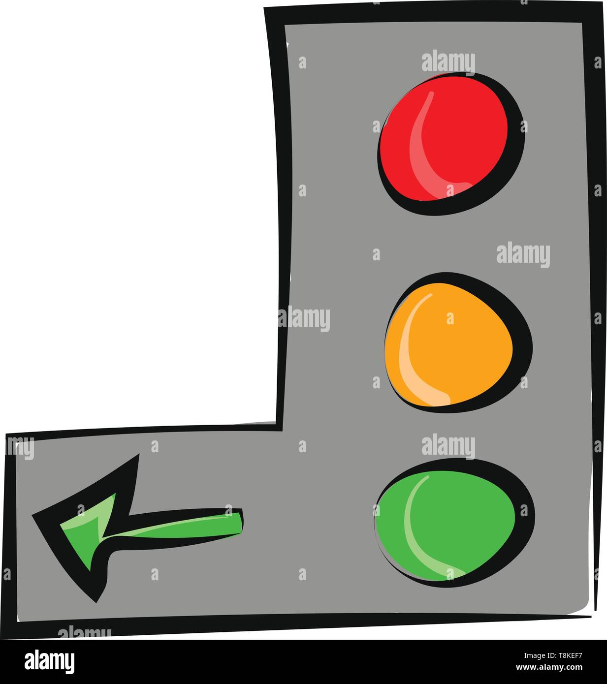 Painting of the vertical traffic signal board with three separate light bulbs in red, yellow and green and a left green arrow, vector, color drawing o Stock Vector