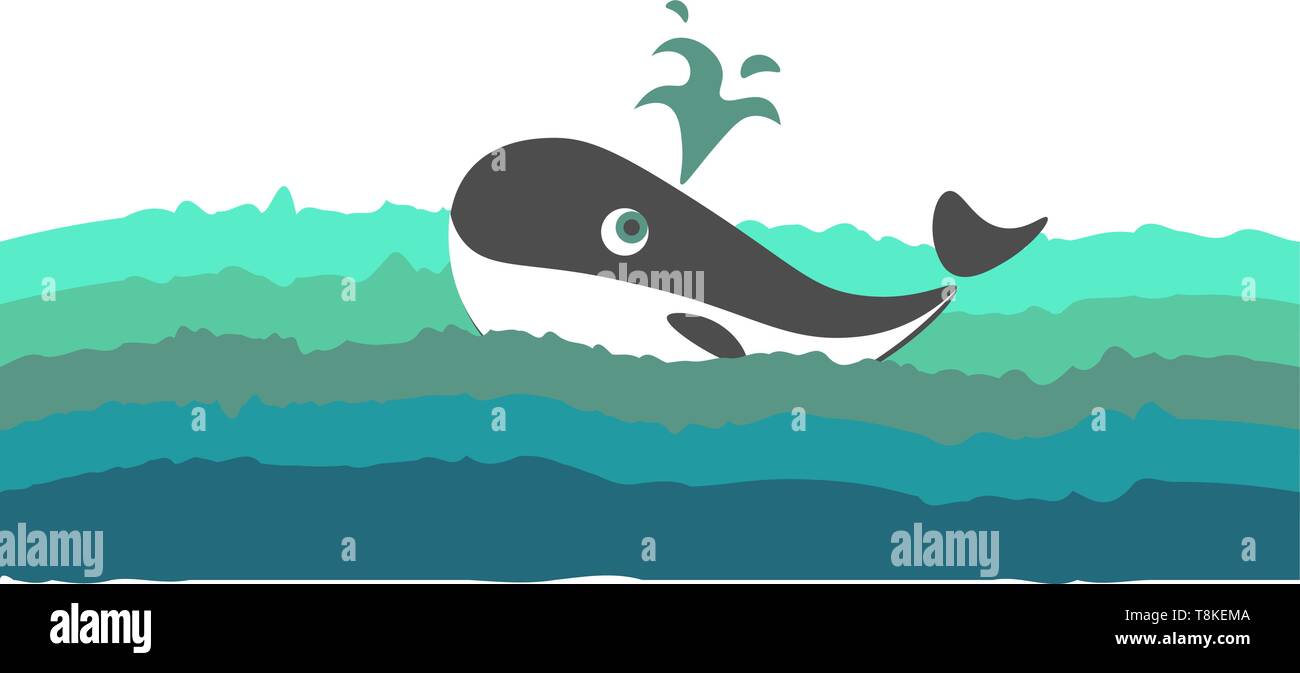 Painting of a black and white-colored whale with a streamlined, torpedo-shaped body and few droplets of water splashed while the sea fish swimming, ve Stock Vector