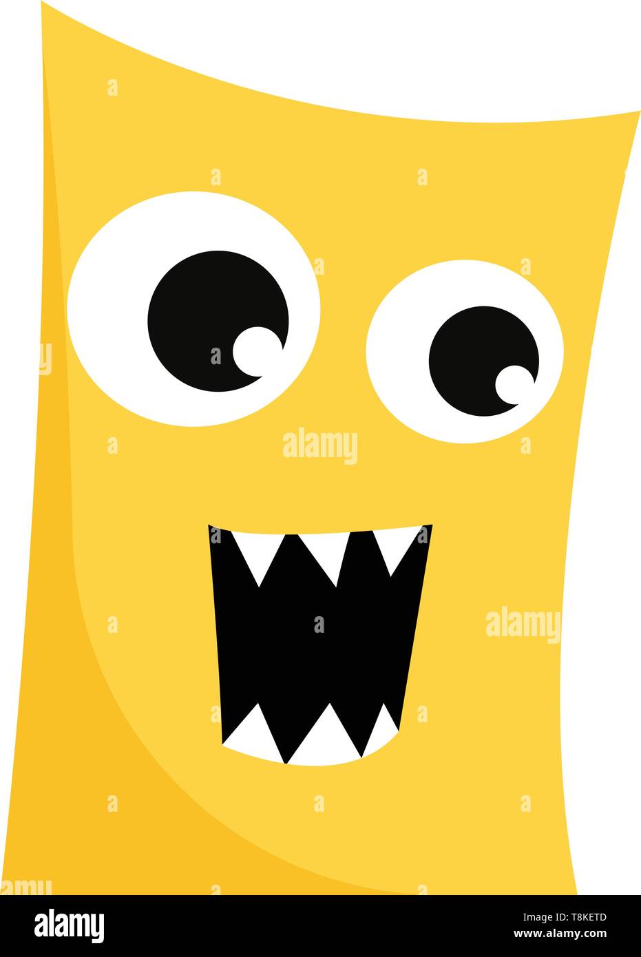 Clipart of a ferocious rectangular-shaped yellow monster with eyes rolled left, fang teeth exposed while mouth wide opened as if to explode with rage, Stock Vector