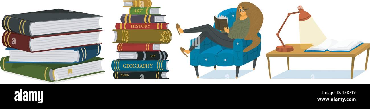 Stylish young female reading an open book. Lover of literature sits on the chair. Stack of encyclopedias and inverted pages. Symbols and objects in Stock Vector