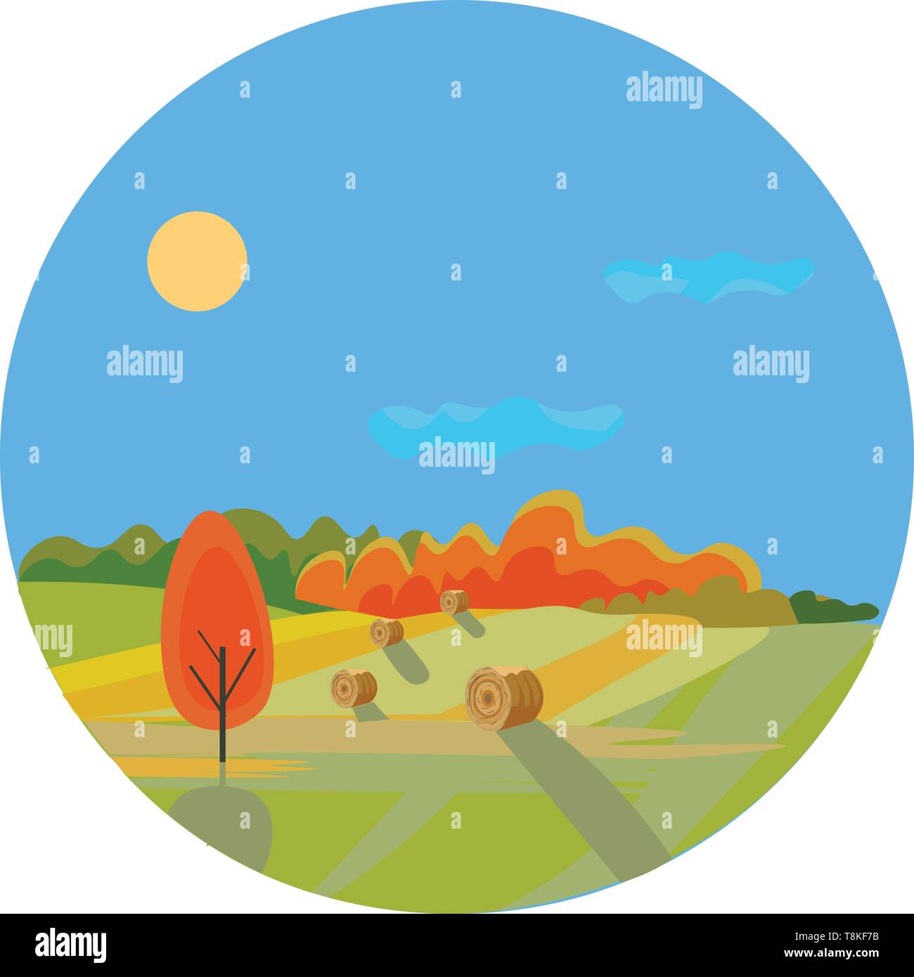 Autumn is the season between summer and winter when fruits and crops become ready to be picked and leaves fall., vector, color drawing or illustration Stock Vector