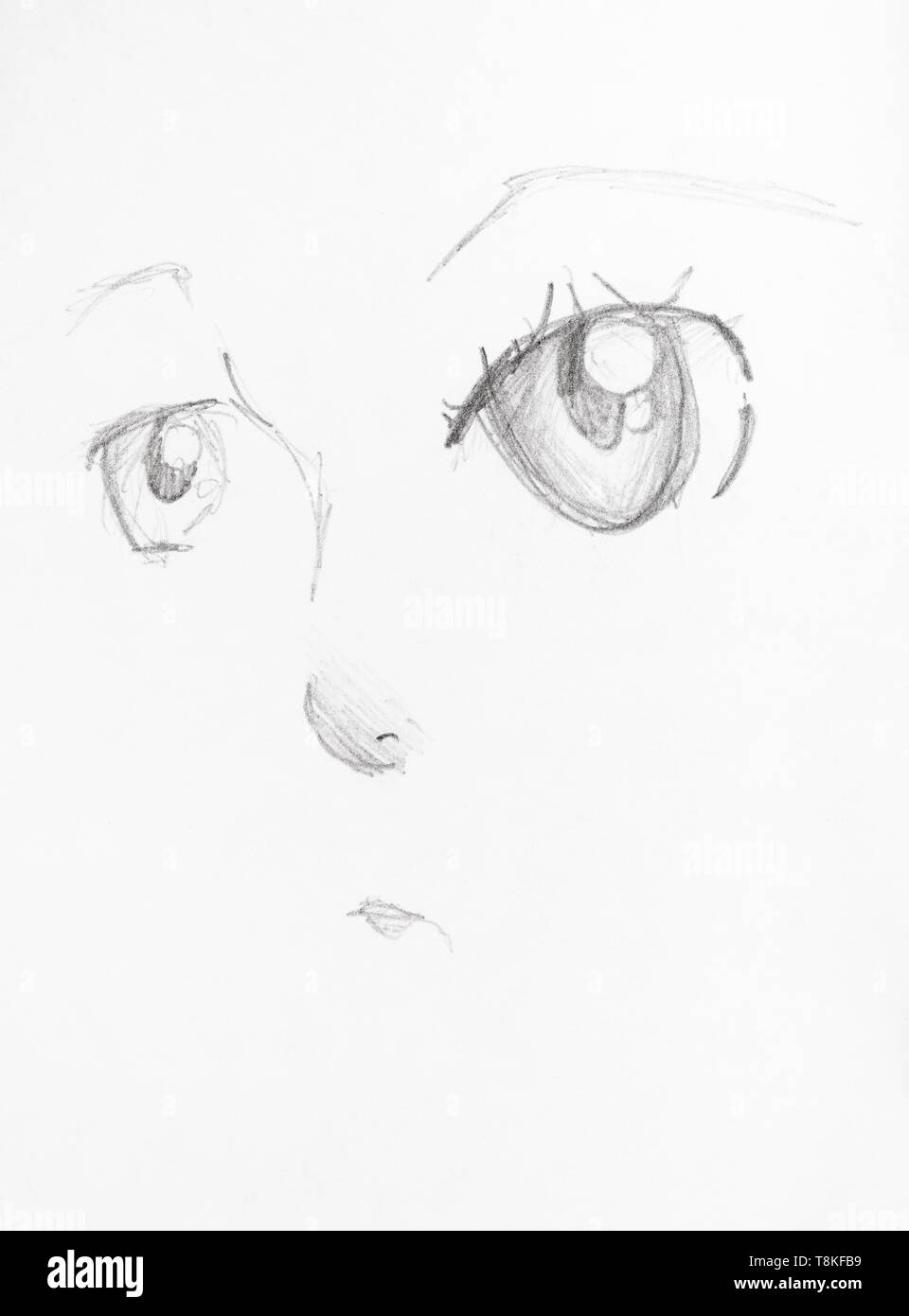 sketch of female anime face with large eyes hand-drawn by black pencil on  white paper Stock Photo - Alamy