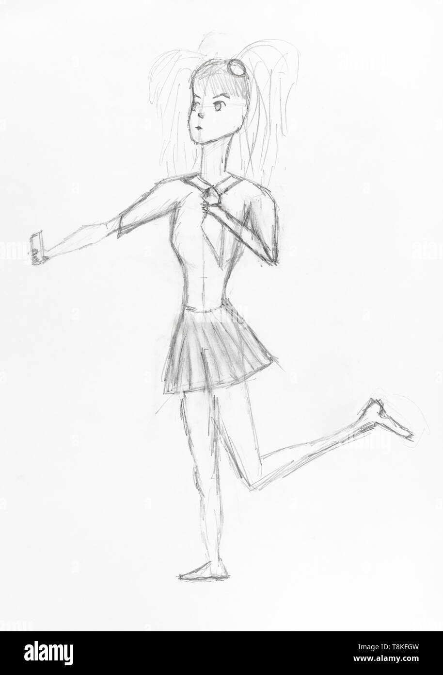 sketch of girl standing on one leg with little mirror hand-drawn by black pencil on white paper Stock Photo